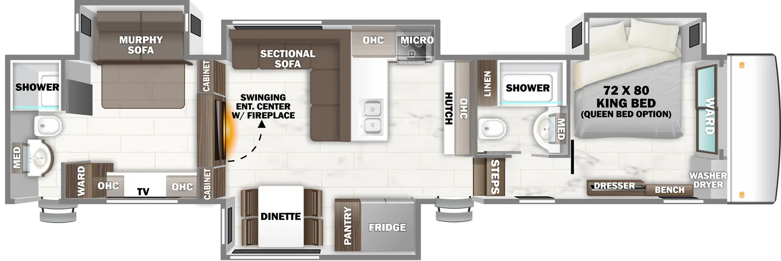 The RIVERSTONE 44DBL floorplan has two entries and four slide outs. Exterior features include: fiberglass exterior. Interiors features include: free-standing dinette option, front bedroom, murphy bed, rear bathroom and two full bathrooms.